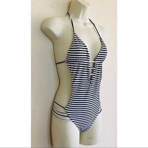 TORI PRAVER STRIPED ONE PIECE SWIMSUIT Halter